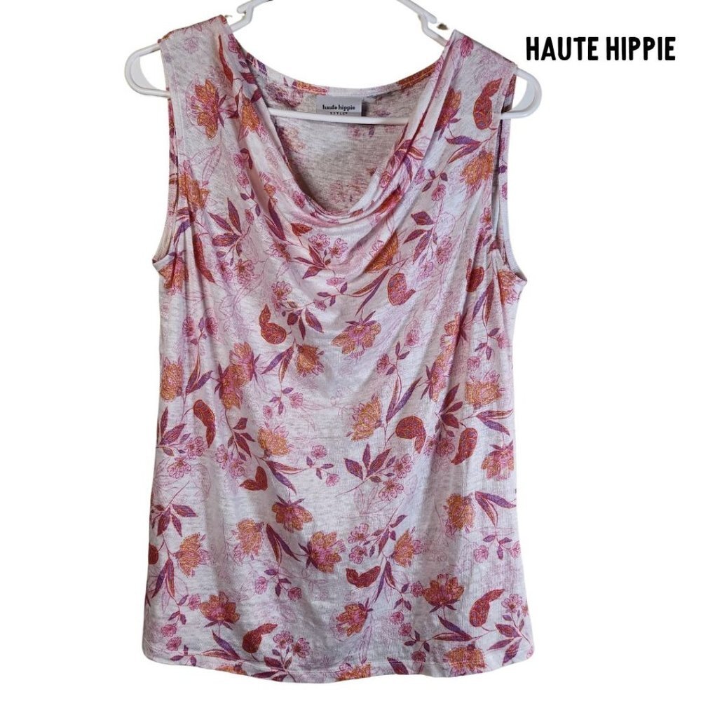 Haute Hippie Floral Tank Sz L Linen Blend Drape Neck White Pink Purple Summer